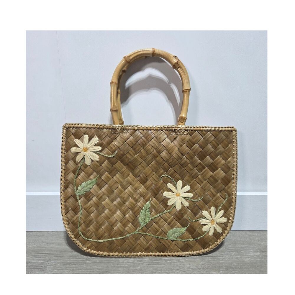Lois Hill Woven Floral Embroidered Bamboo Handle Handbag Boho Garden Girl